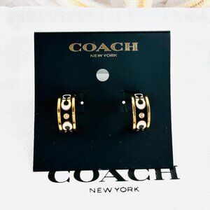 New Coach Signature black enamel huggie Gold earrings